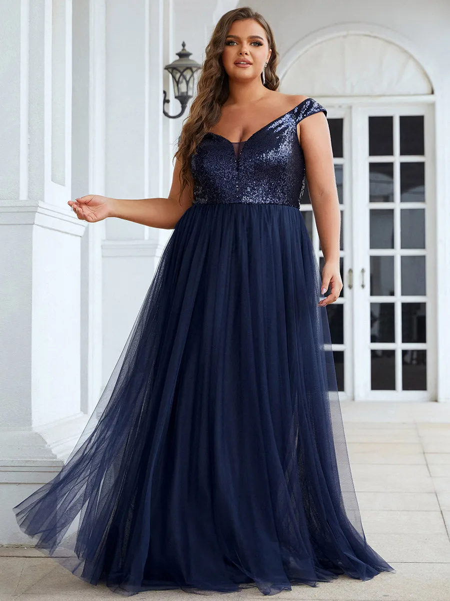 Plus Size Wholesale High Waist Tulle & Sequin Sleeveless Evening Dress EE00277