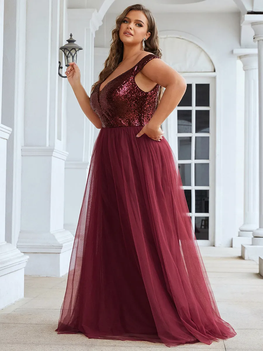 Plus Size Wholesale High Waist Tulle & Sequin Sleeveless Evening Dress EE00277