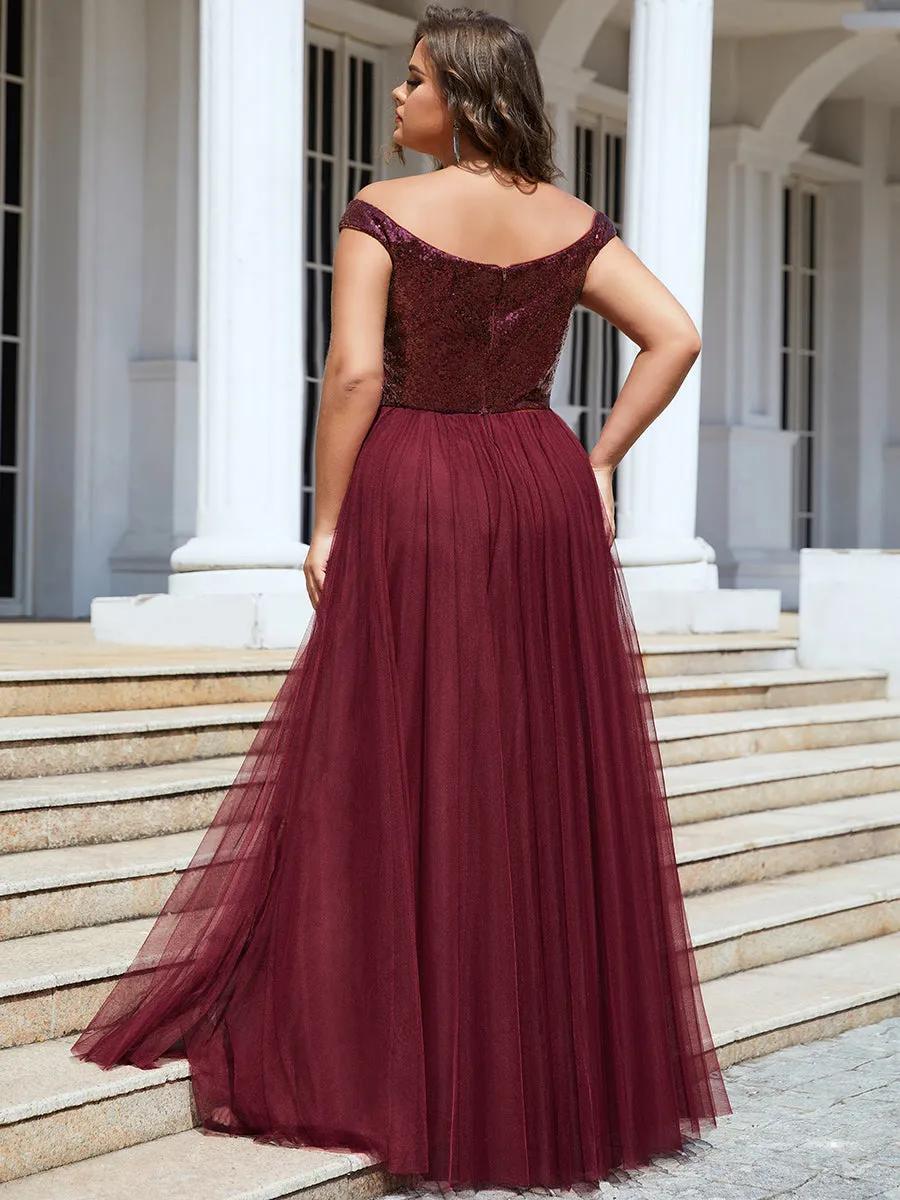 Plus Size Wholesale High Waist Tulle & Sequin Sleeveless Evening Dress EE00277