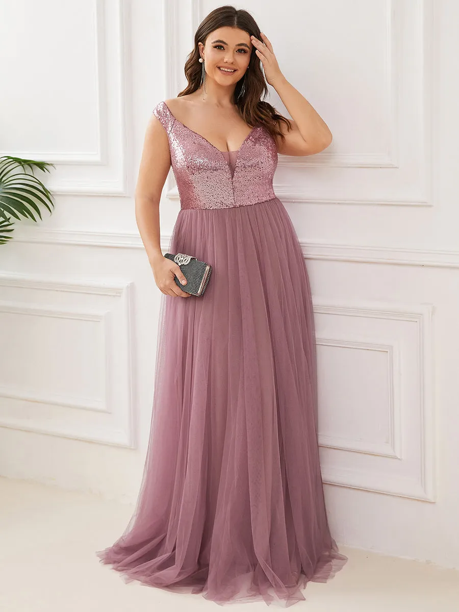 Plus Size Wholesale High Waist Tulle & Sequin Sleeveless Evening Dress EE00277