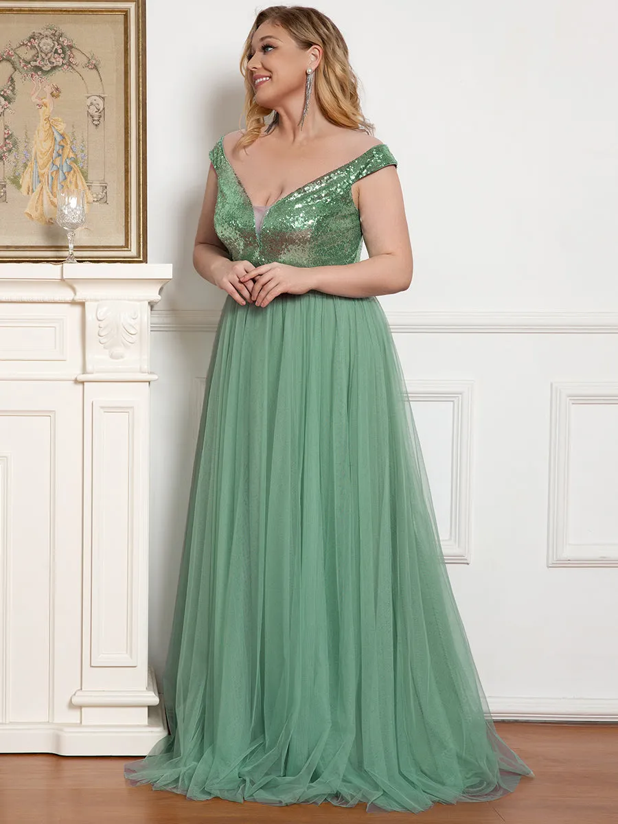 Plus Size Wholesale High Waist Tulle & Sequin Sleeveless Evening Dress EE00277