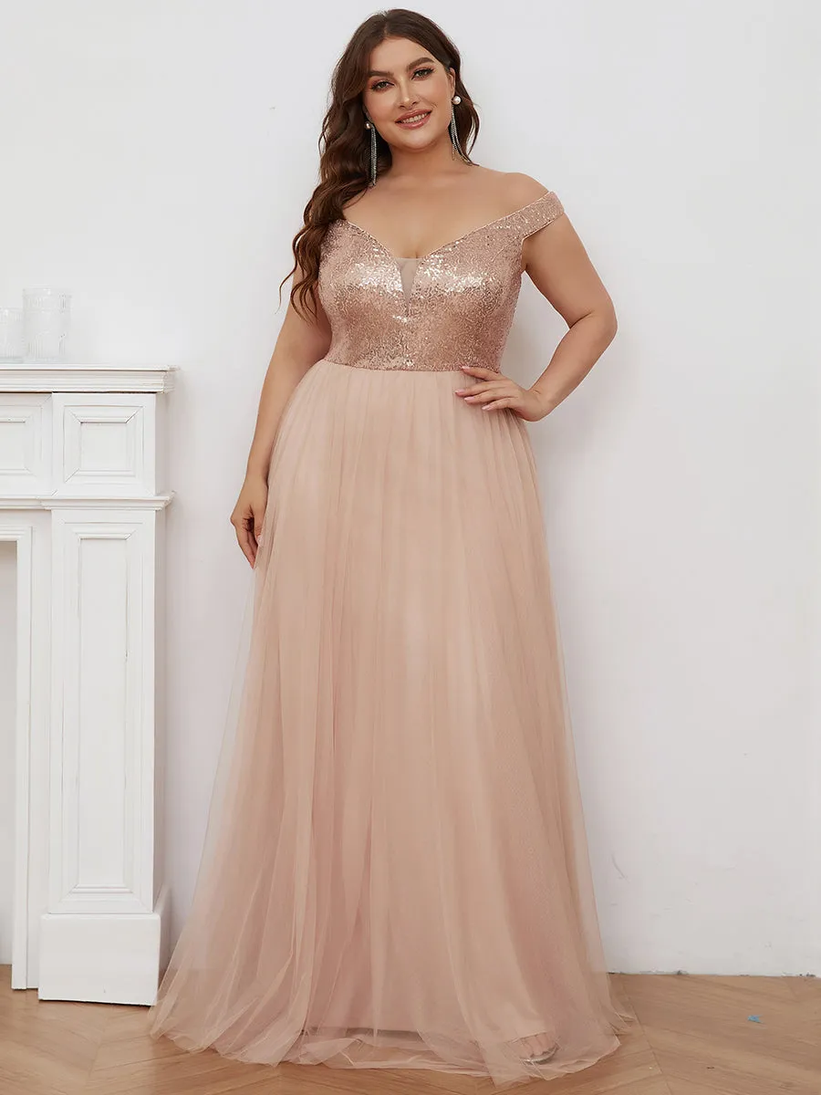 Plus Size Wholesale High Waist Tulle & Sequin Sleeveless Evening Dress EE00277