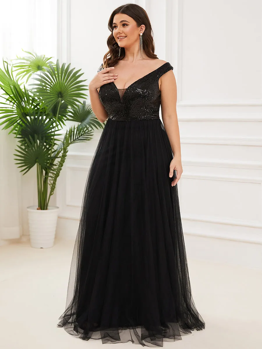 Plus Size Wholesale High Waist Tulle & Sequin Sleeveless Evening Dress EE00277