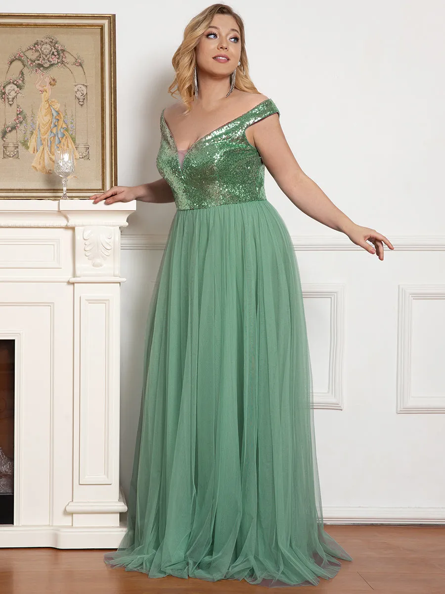 Plus Size Wholesale High Waist Tulle & Sequin Sleeveless Evening Dress EE00277