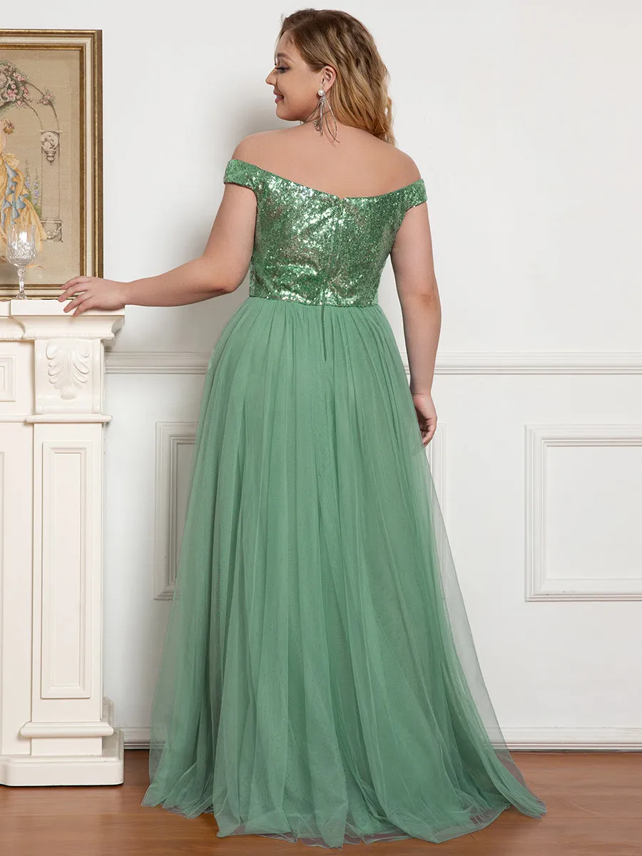 Plus Size Wholesale High Waist Tulle & Sequin Sleeveless Evening Dress EE00277