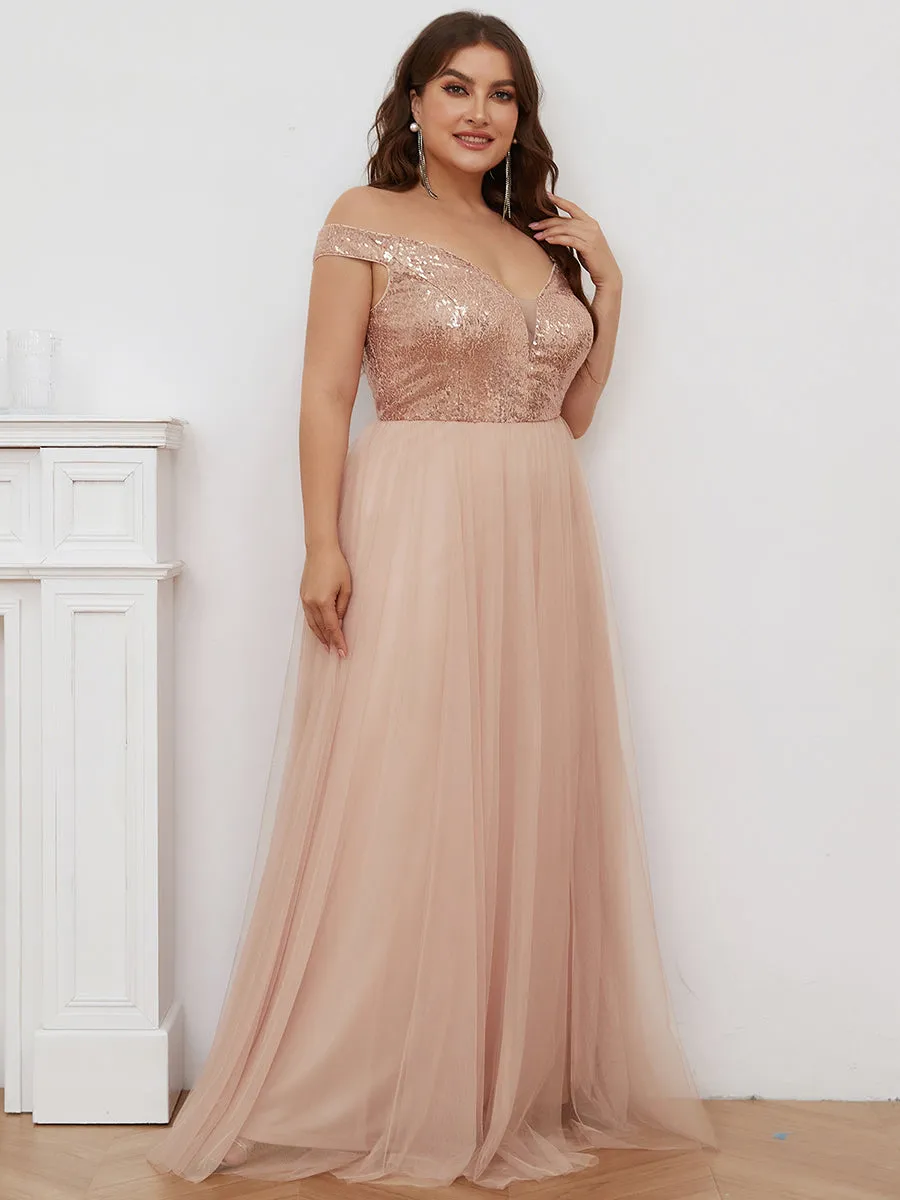 Plus Size Wholesale High Waist Tulle & Sequin Sleeveless Evening Dress EE00277