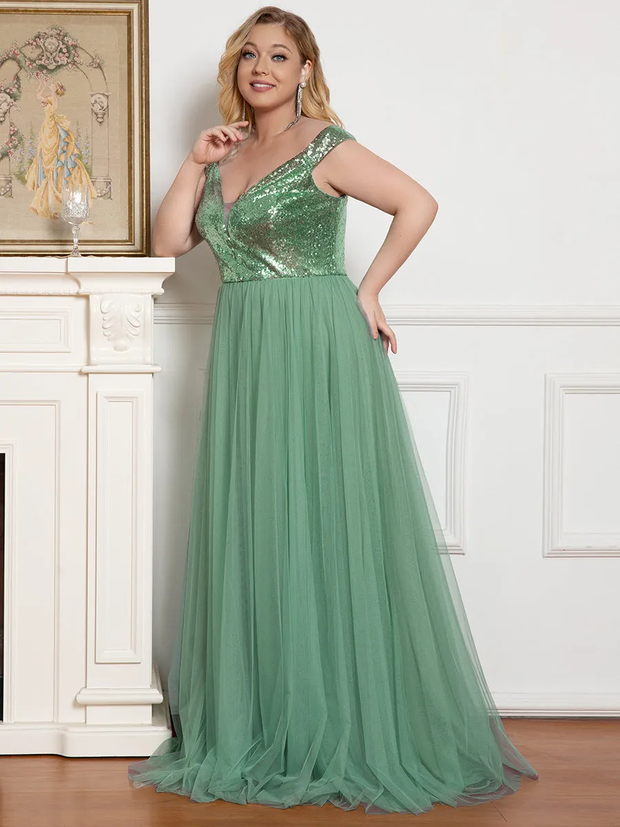 Plus Size Wholesale High Waist Tulle & Sequin Sleeveless Evening Dress EE00277