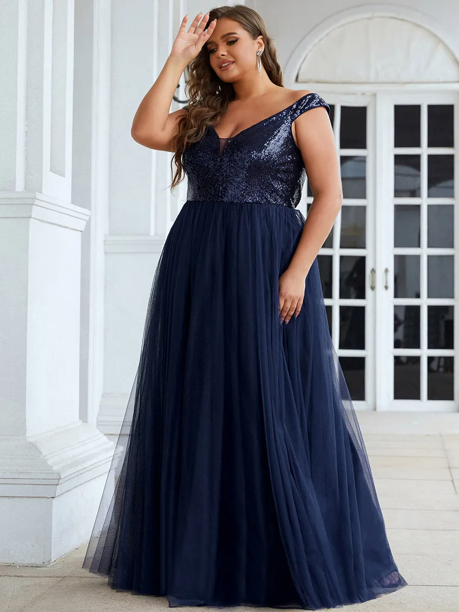 Plus Size Wholesale High Waist Tulle & Sequin Sleeveless Evening Dress EE00277