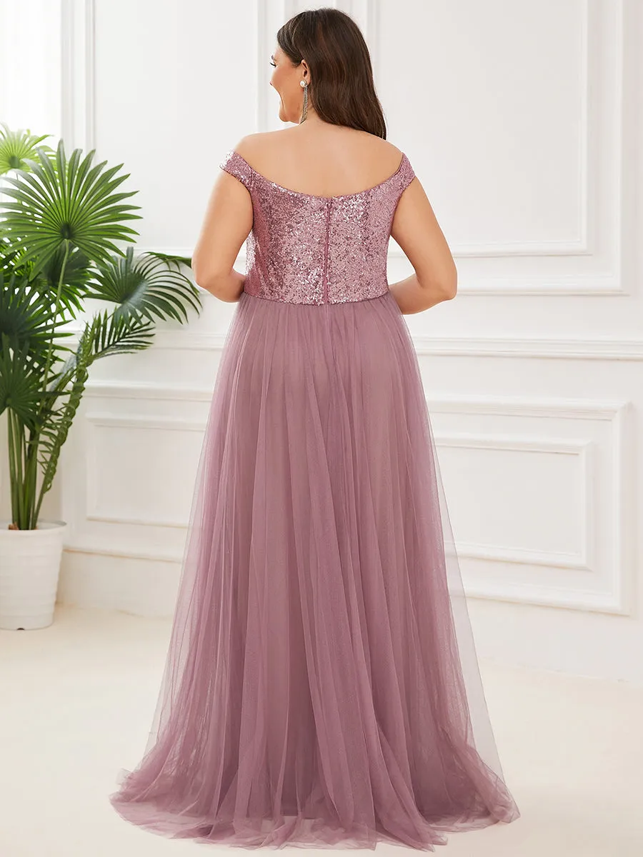 Plus Size Wholesale High Waist Tulle & Sequin Sleeveless Evening Dress EE00277