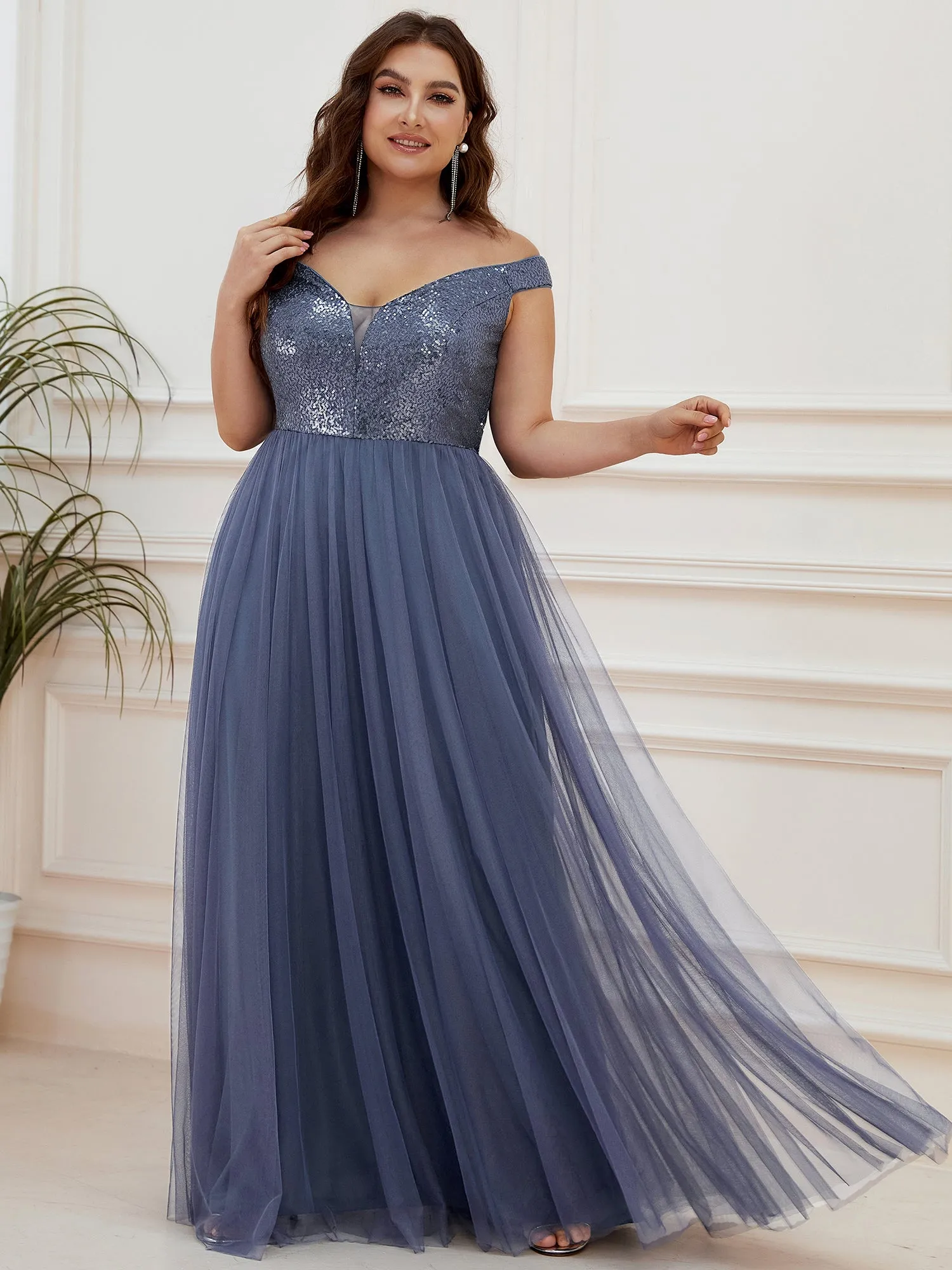 Plus Size Wholesale High Waist Tulle & Sequin Sleeveless Evening Dress EE00277