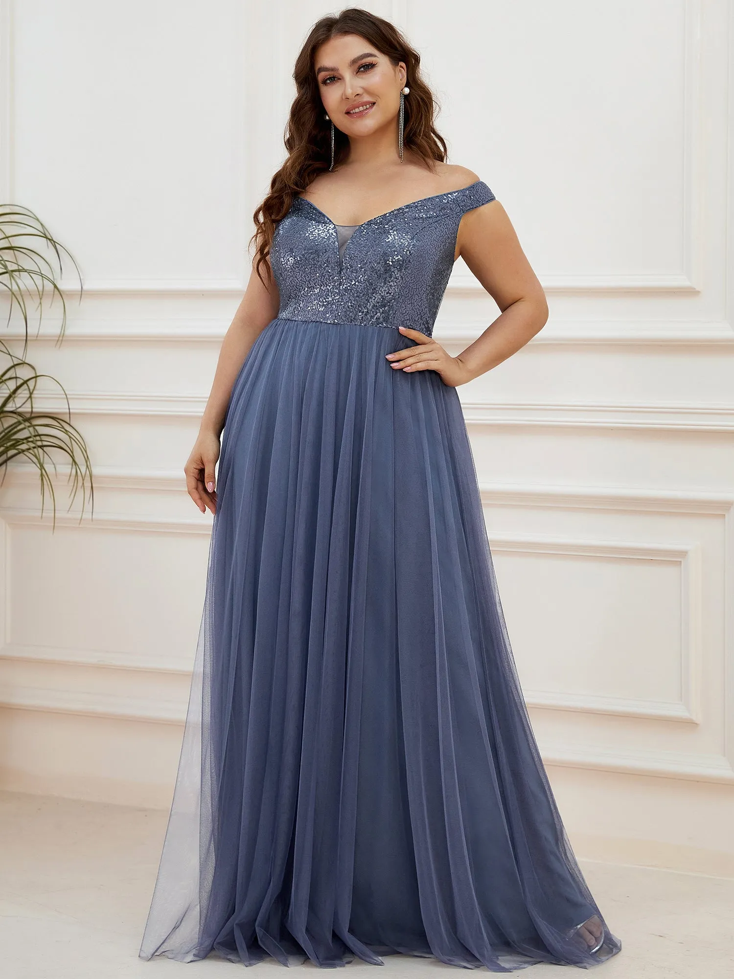 Plus Size Wholesale High Waist Tulle & Sequin Sleeveless Evening Dress EE00277