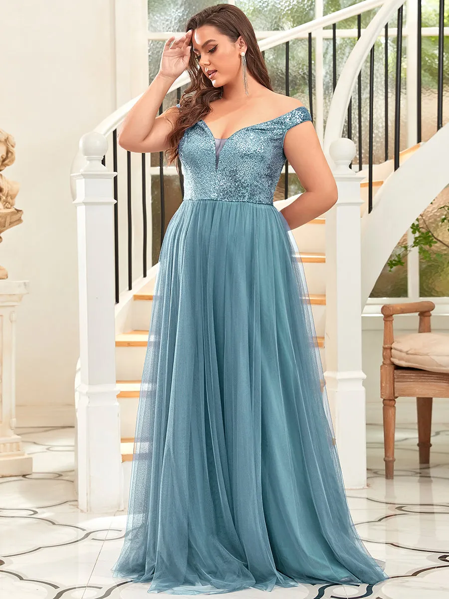 Plus Size Wholesale High Waist Tulle & Sequin Sleeveless Evening Dress EE00277