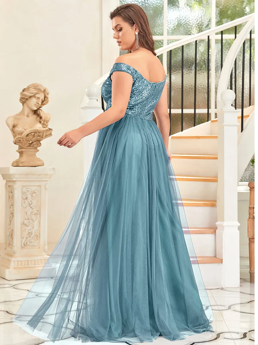 Plus Size Wholesale High Waist Tulle & Sequin Sleeveless Evening Dress EE00277