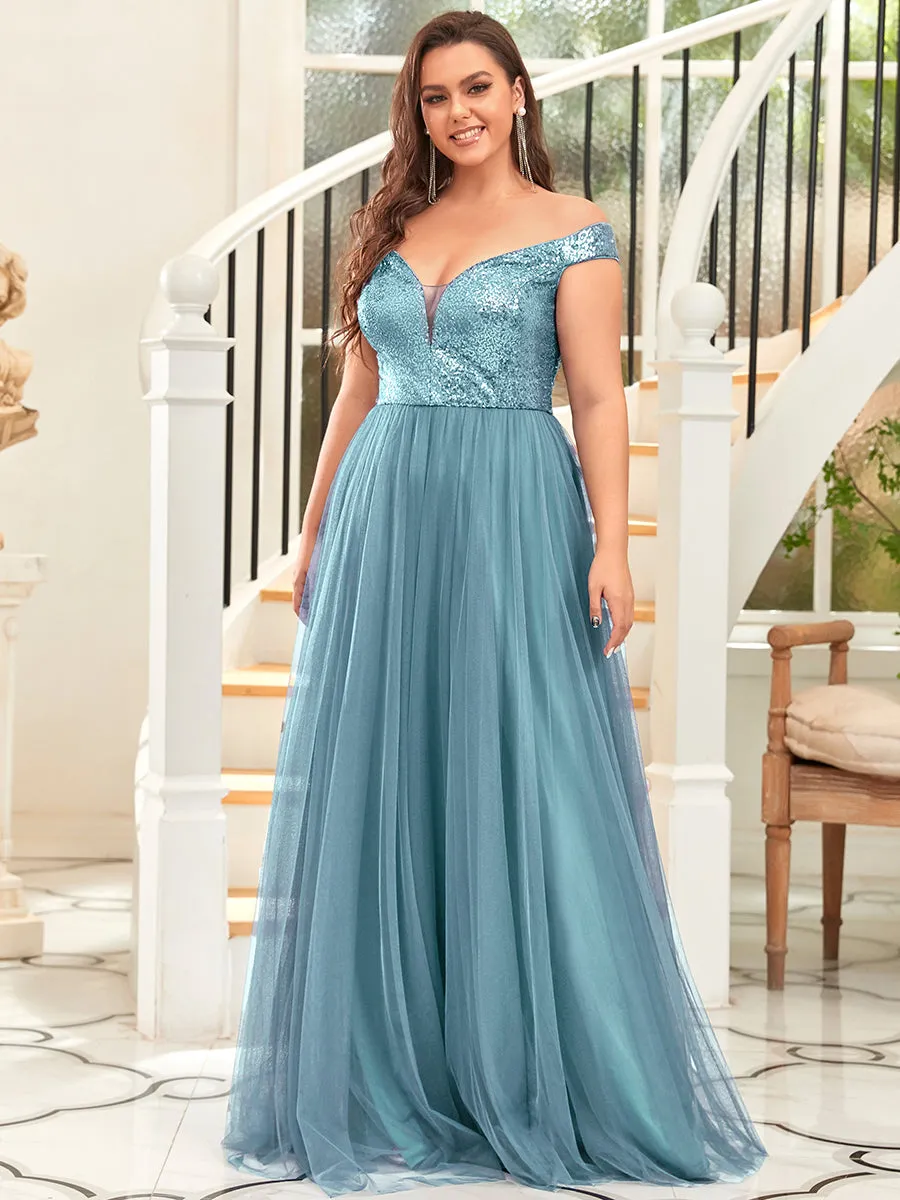 Plus Size Wholesale High Waist Tulle & Sequin Sleeveless Evening Dress EE00277