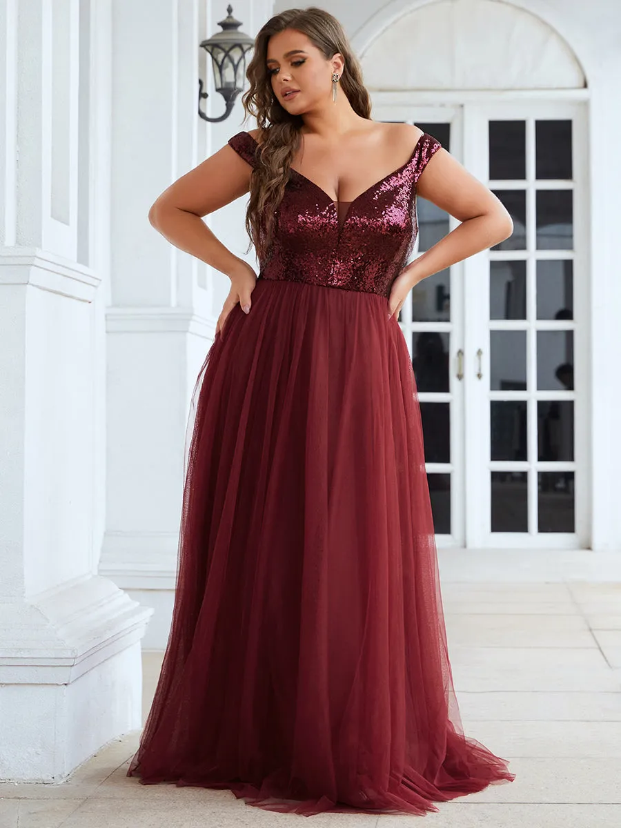 Plus Size Wholesale High Waist Tulle & Sequin Sleeveless Evening Dress EE00277