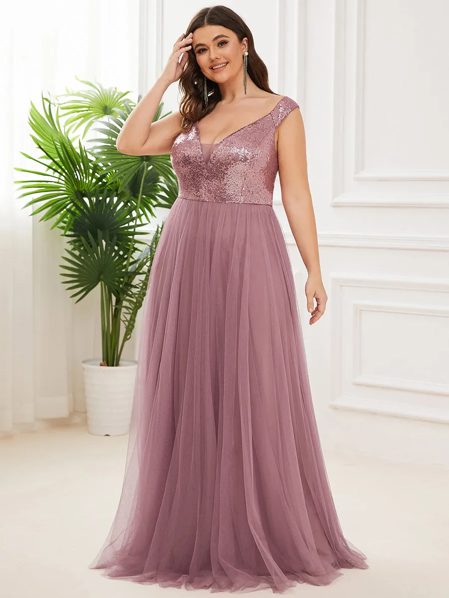 Plus Size Wholesale High Waist Tulle & Sequin Sleeveless Evening Dress EE00277