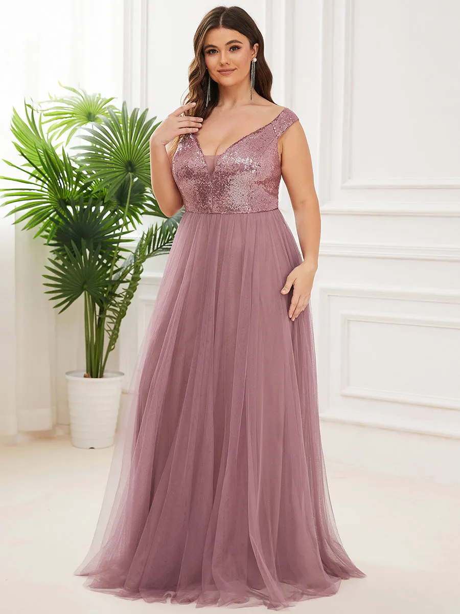 Plus Size Wholesale High Waist Tulle & Sequin Sleeveless Evening Dress EE00277