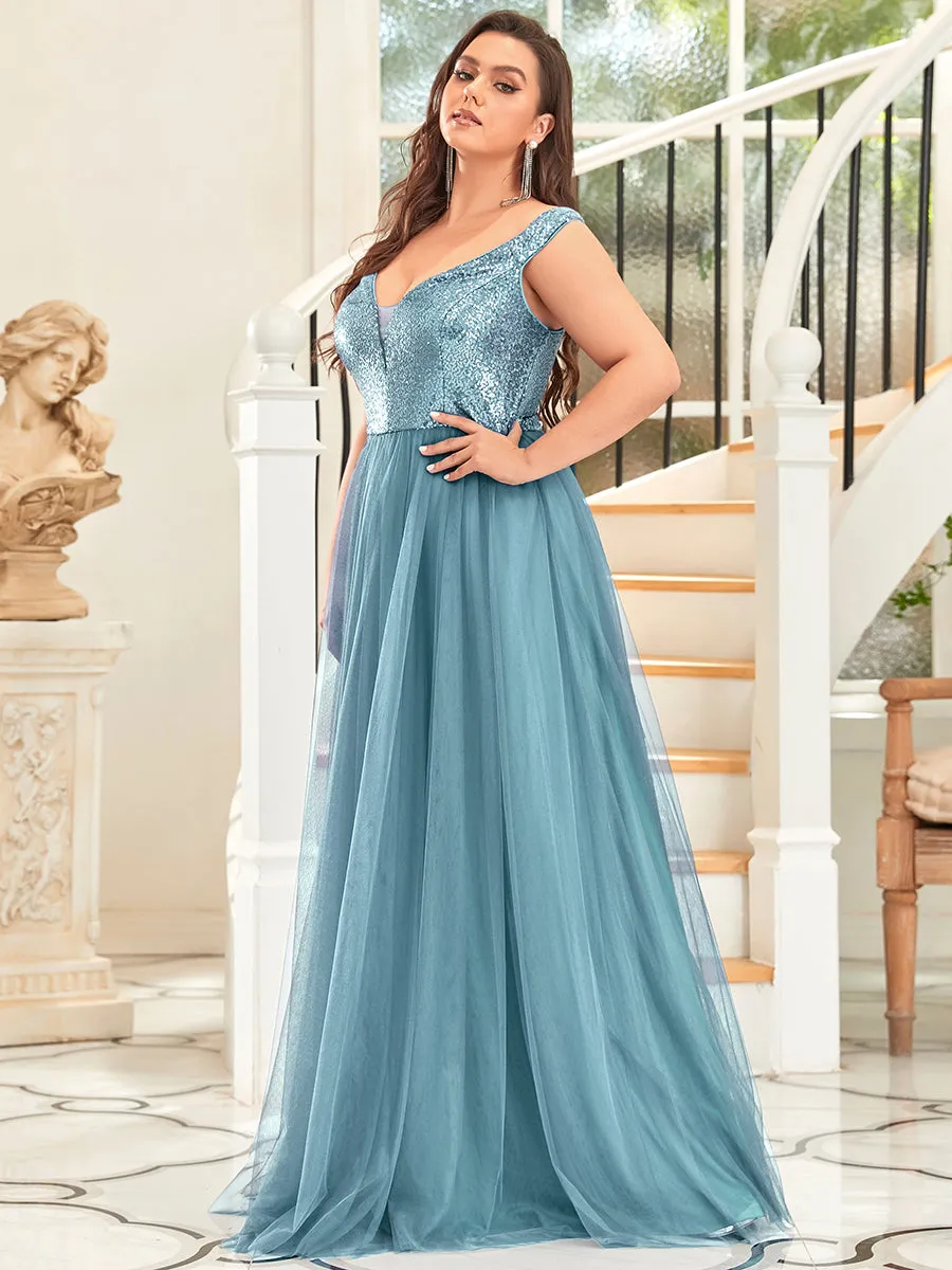 Plus Size Wholesale High Waist Tulle & Sequin Sleeveless Evening Dress EE00277