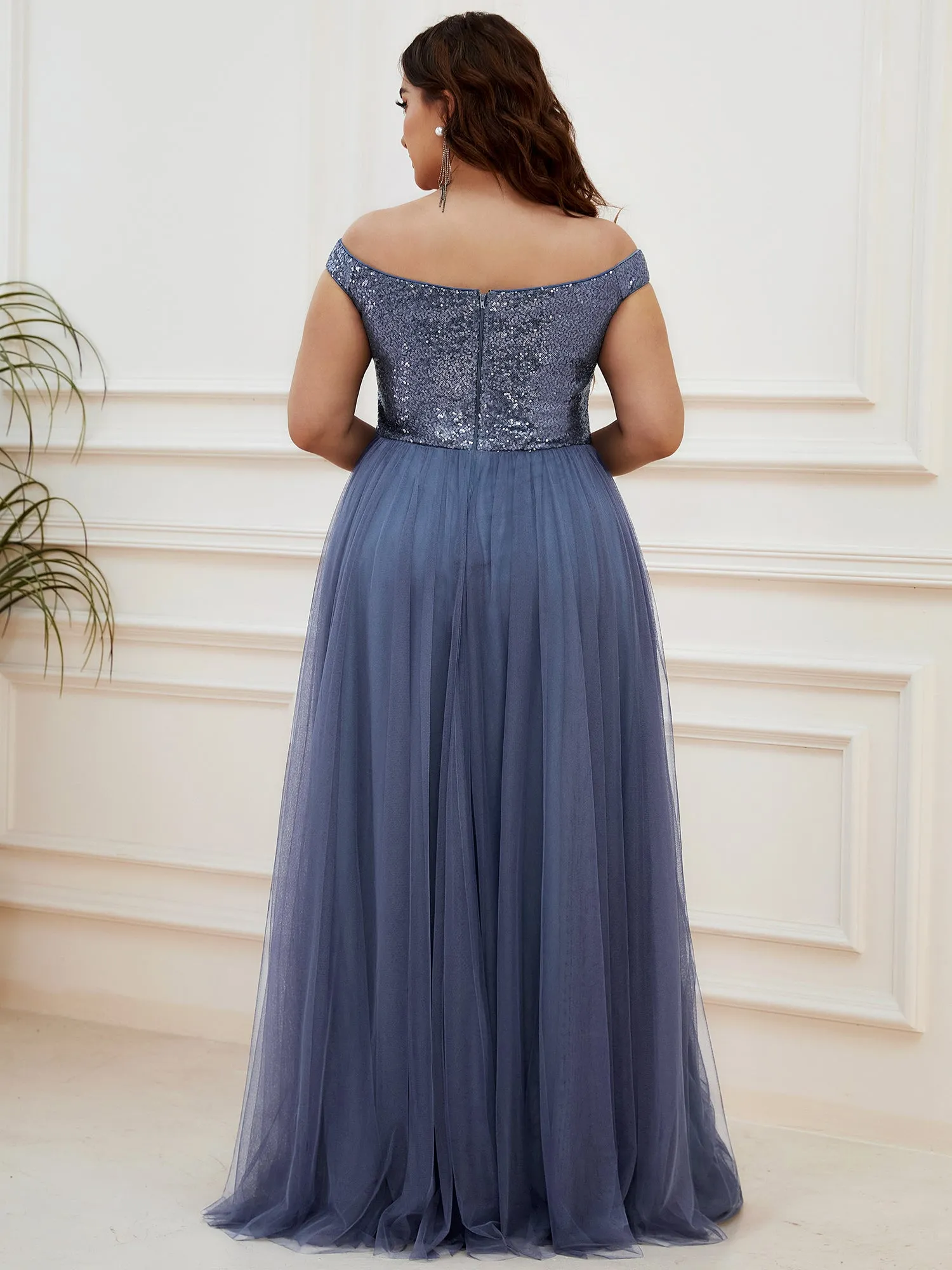 Plus Size Wholesale High Waist Tulle & Sequin Sleeveless Evening Dress EE00277