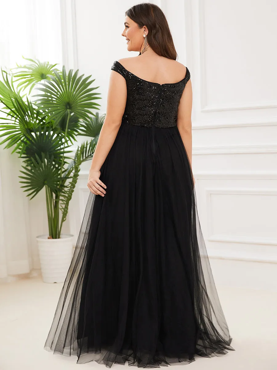 Plus Size Wholesale High Waist Tulle & Sequin Sleeveless Evening Dress EE00277