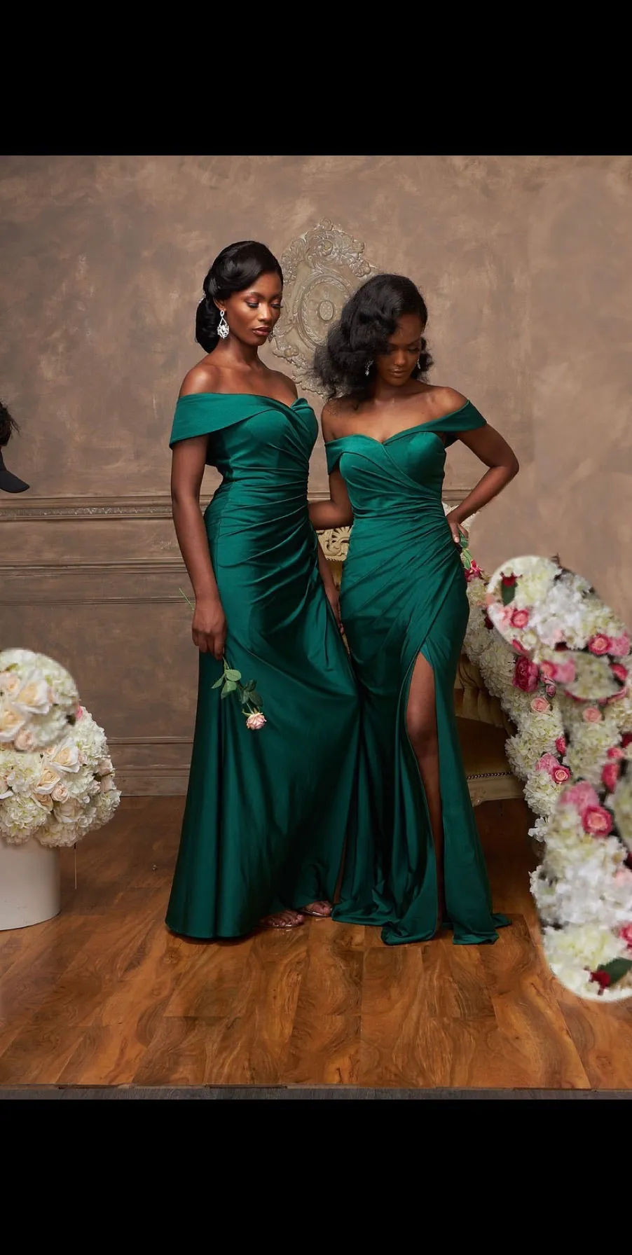 PROMISE Off Shoulder Ruched Waist Bridesmaids Maxi Dress with Side Split - Emerald Green