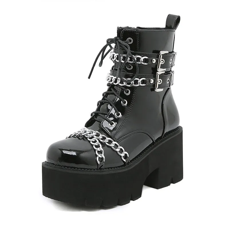 Rivet Autumn Boots Women Platform Boots Black Leather Gothic Punk Style Combat Boots For Women Mid Heels Comfortable