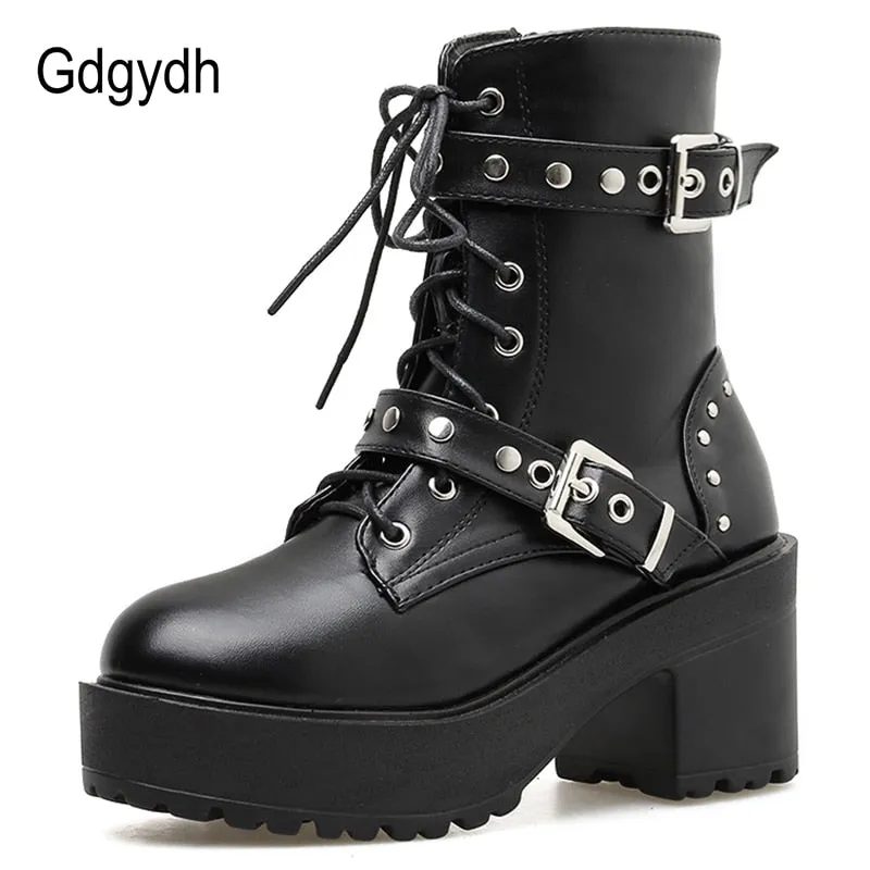 Rivet Autumn Boots Women Platform Boots Black Leather Gothic Punk Style Combat Boots For Women Mid Heels Comfortable