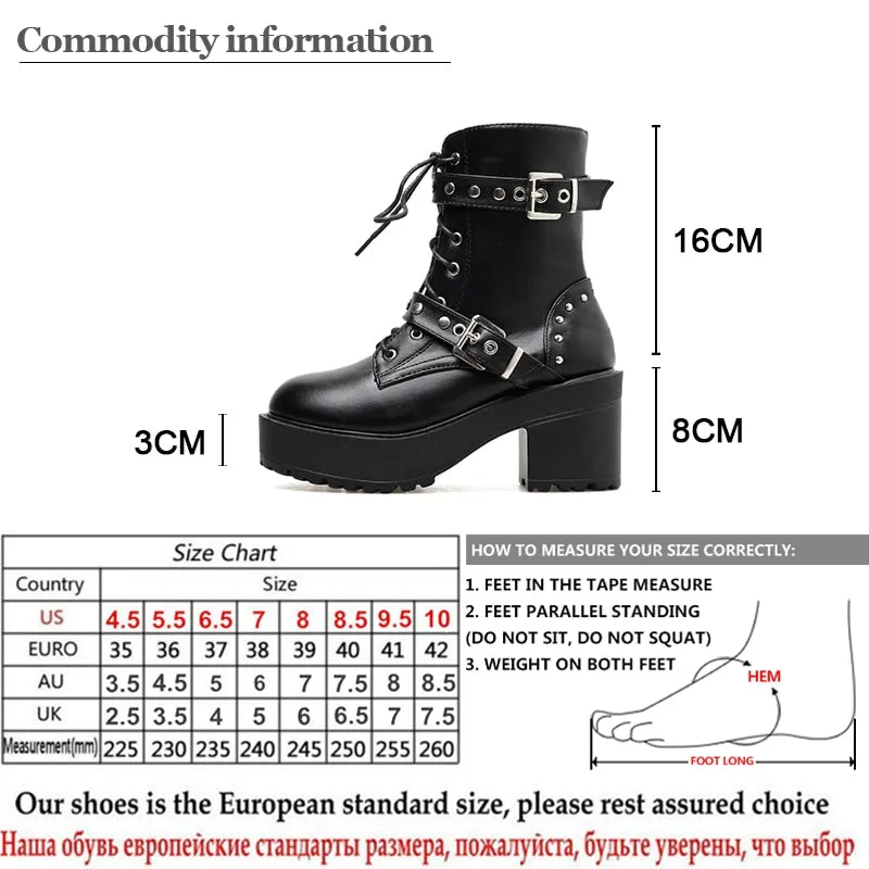 Rivet Autumn Boots Women Platform Boots Black Leather Gothic Punk Style Combat Boots For Women Mid Heels Comfortable