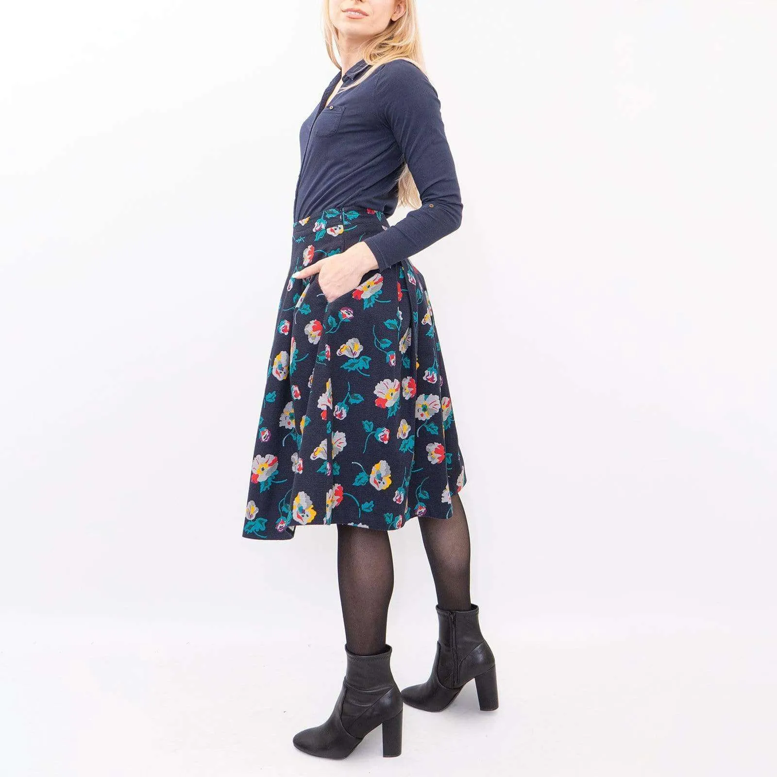 Seasalt Navy Floral Print Flare Pleats Midi Skirts with Pockets