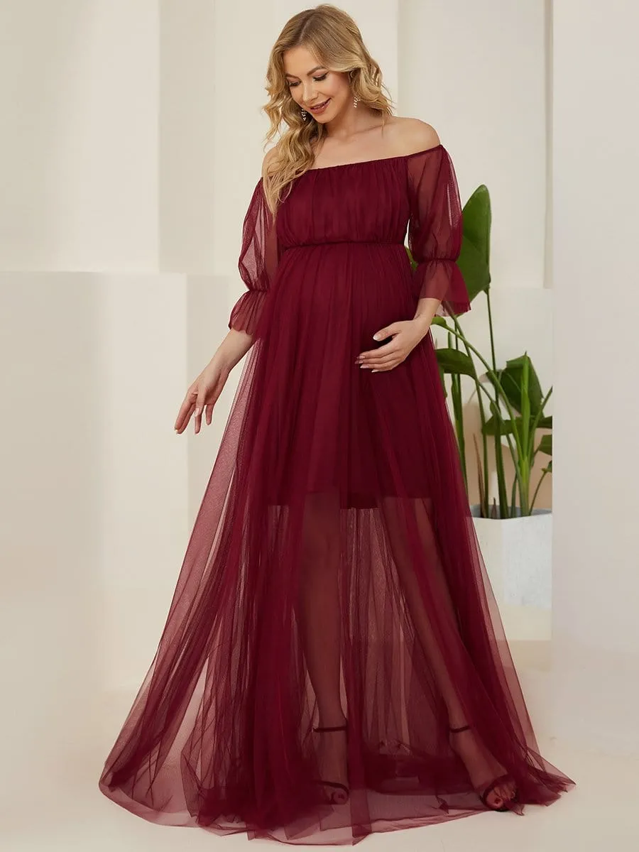 Sheer Off-Shoulder Double Skirt Maxi Maternity Dress