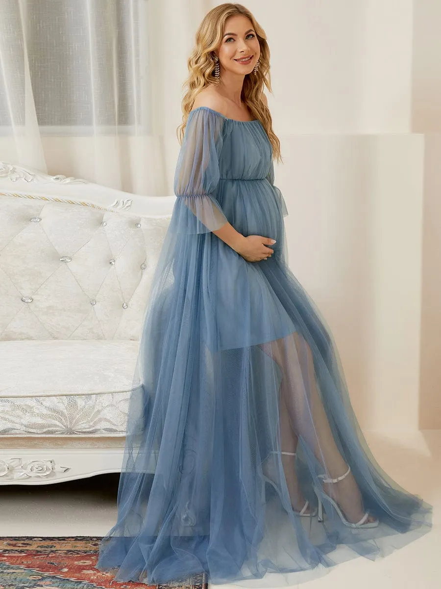 Sheer Off-Shoulder Double Skirt Maxi Maternity Dress