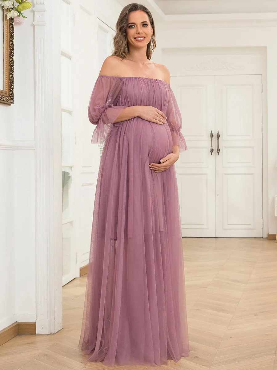 Sheer Off-Shoulder Double Skirt Maxi Maternity Dress