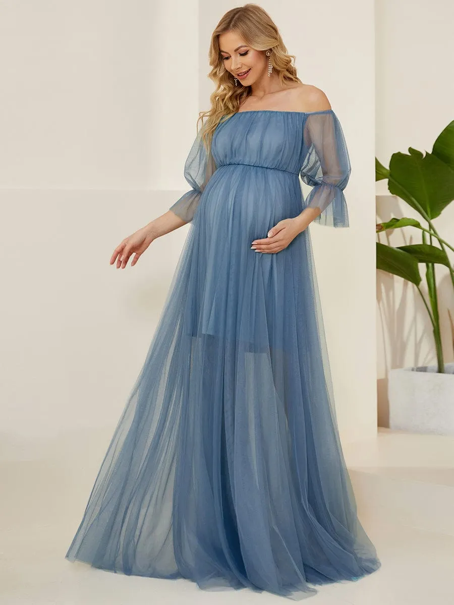 Sheer Off-Shoulder Double Skirt Maxi Maternity Dress