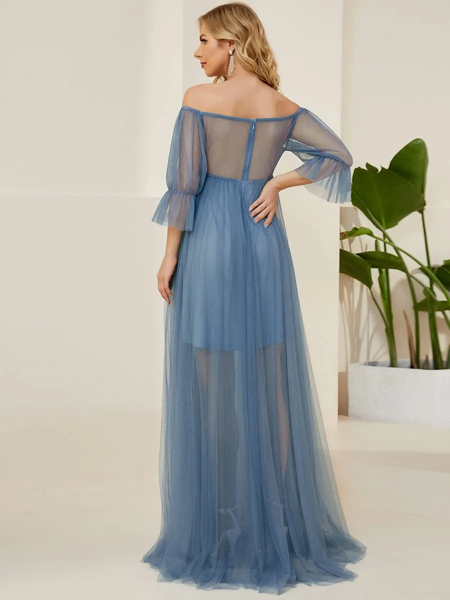 Sheer Off-Shoulder Double Skirt Maxi Maternity Dress