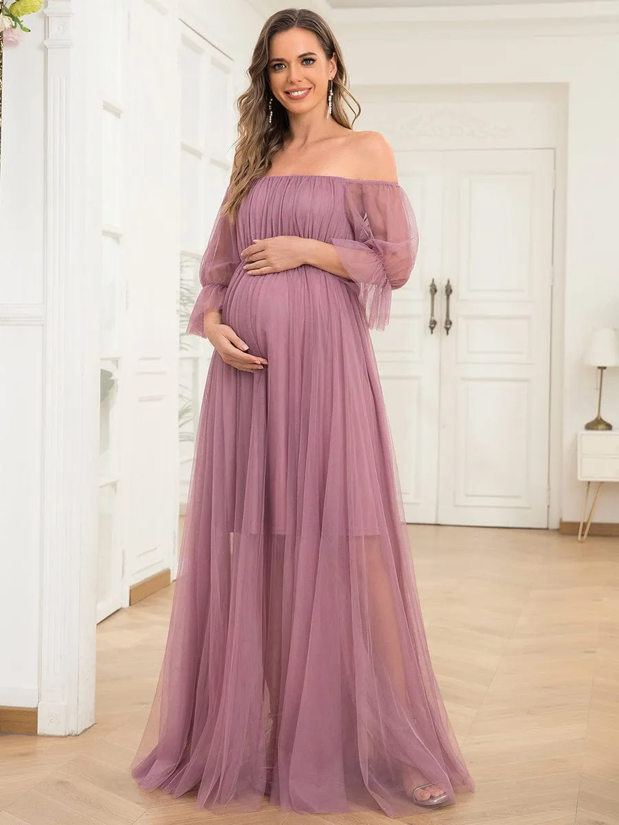 Sheer Off-Shoulder Double Skirt Maxi Maternity Dress