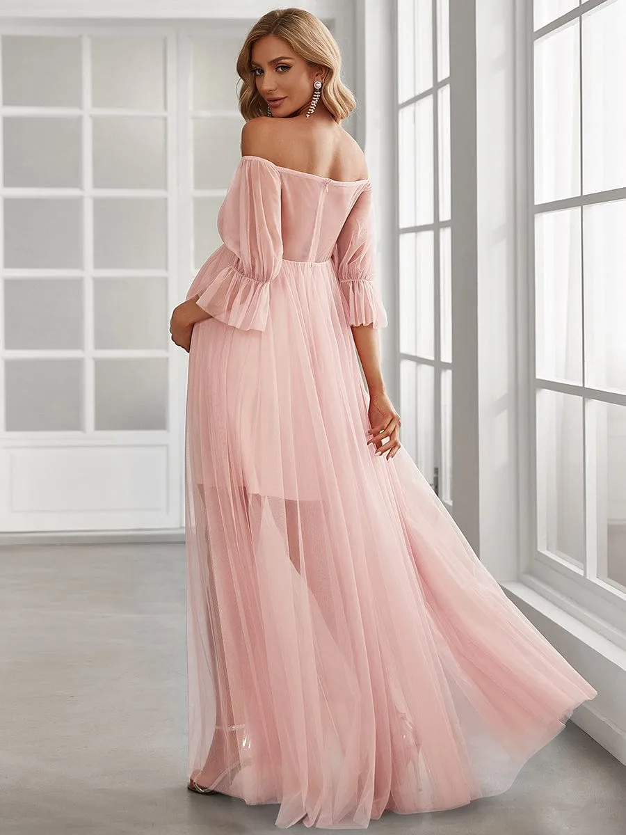 Sheer Off-Shoulder Double Skirt Maxi Maternity Dress