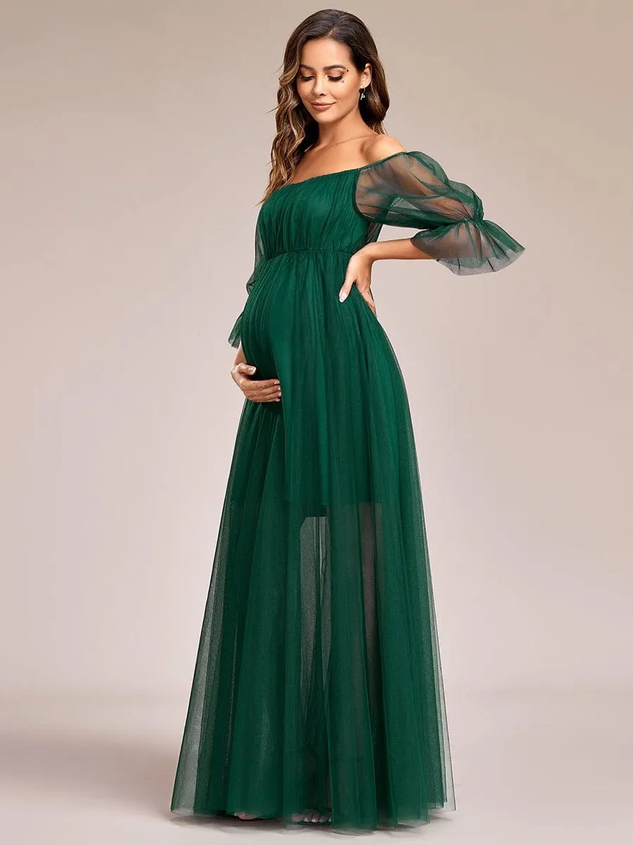 Sheer Off-Shoulder Double Skirt Maxi Maternity Dress