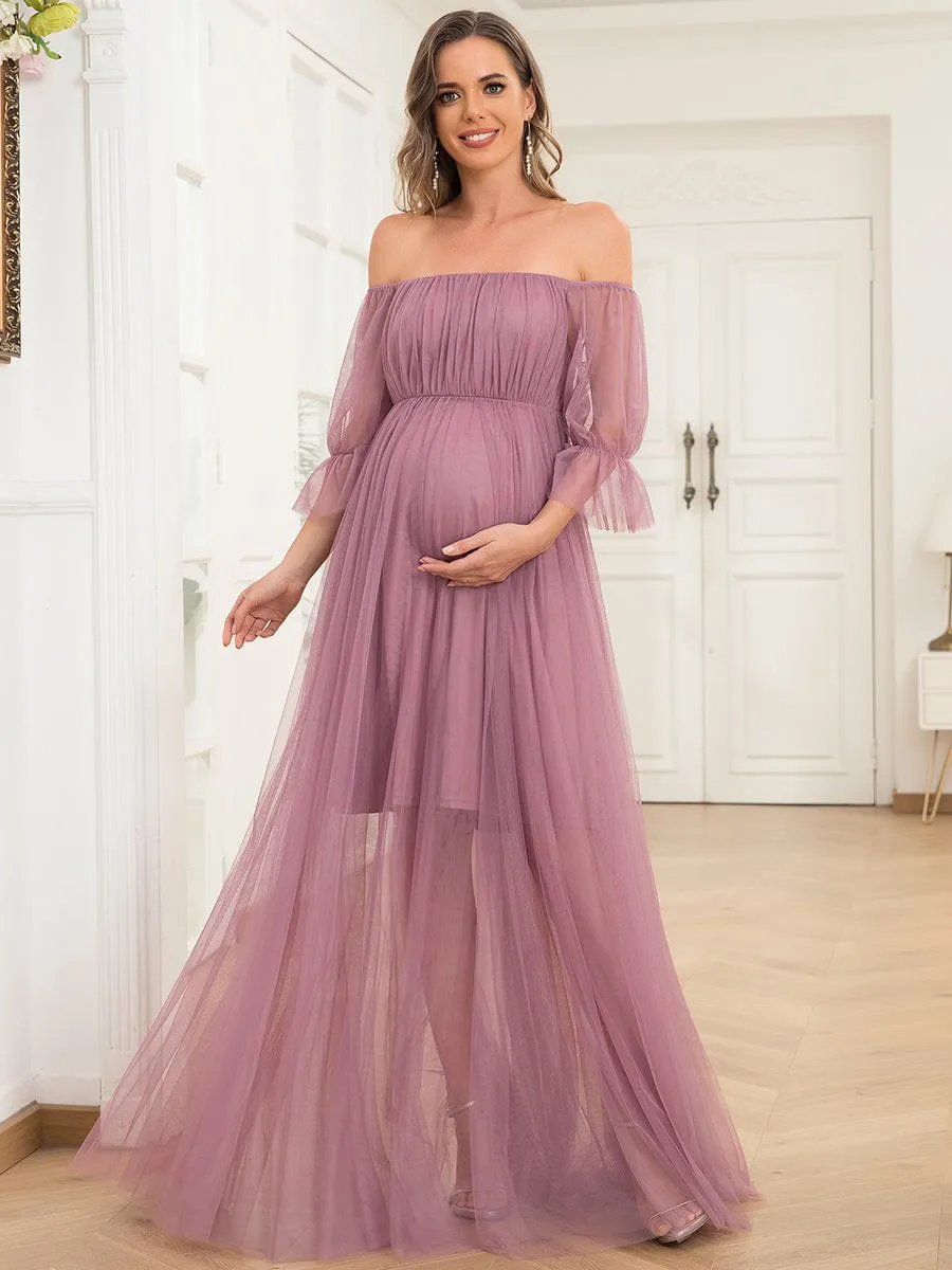 Sheer Off-Shoulder Double Skirt Maxi Maternity Dress