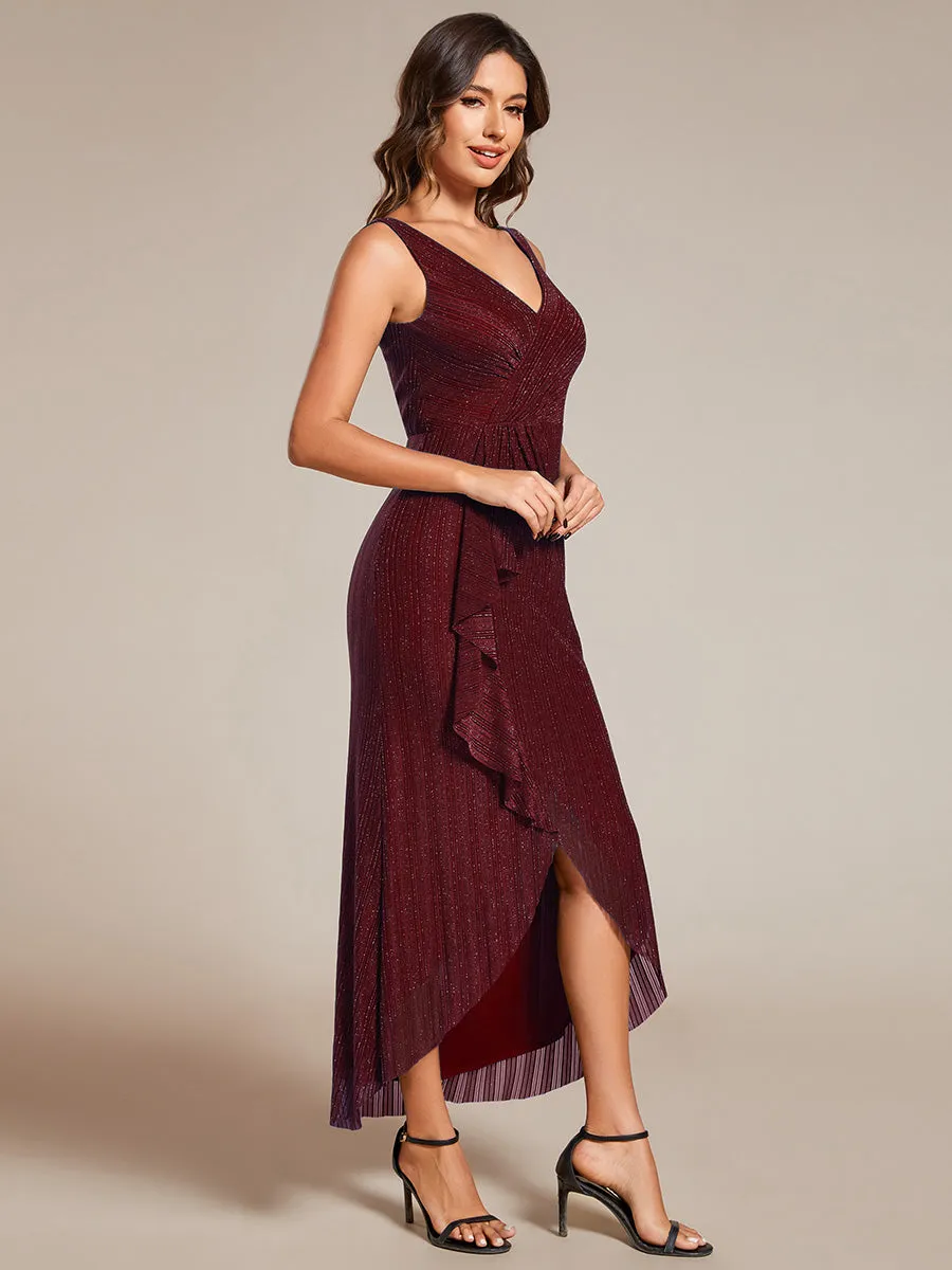 Shimmer V Neck Midi Length Wedding Guest Dress With Spaghetti Straps