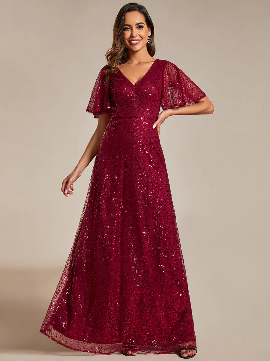 Shiny Sequin V Neck Evening Dress With Short Sleeves