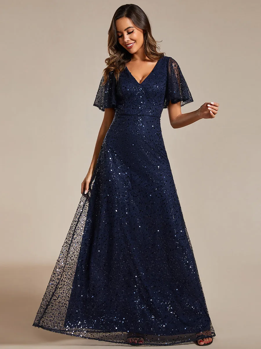 Shiny Sequin V Neck Evening Dress With Short Sleeves