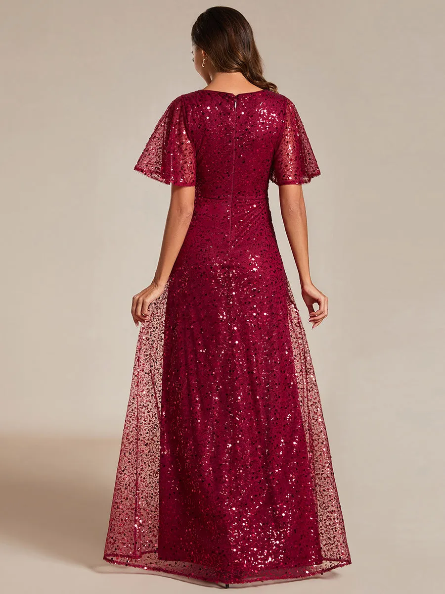 Shiny Sequin V Neck Evening Dress With Short Sleeves