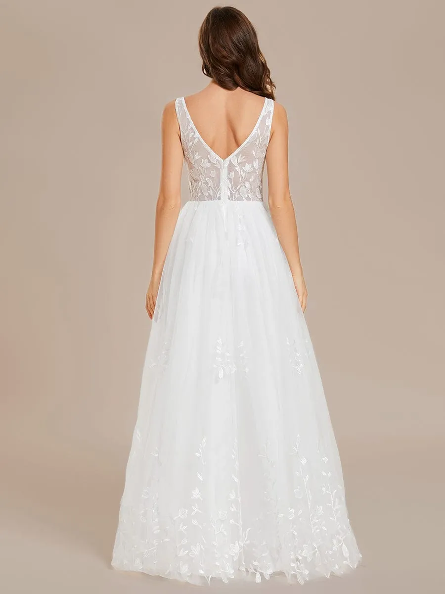 Sleeveless V-Neck A Line Embroidered Tulle Wedding Dress with Applique