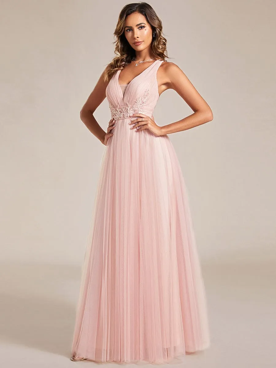 Sleeveless Waist Applique Cross-Back Straps Tulle Bridesmaid Dress