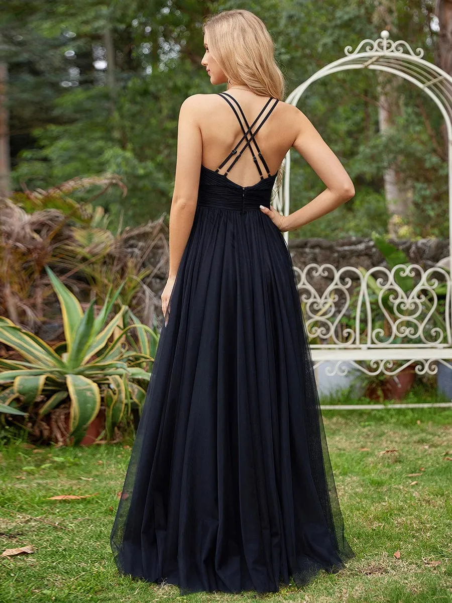 Sleeveless Waist Applique Cross-Back Straps Tulle Bridesmaid Dress