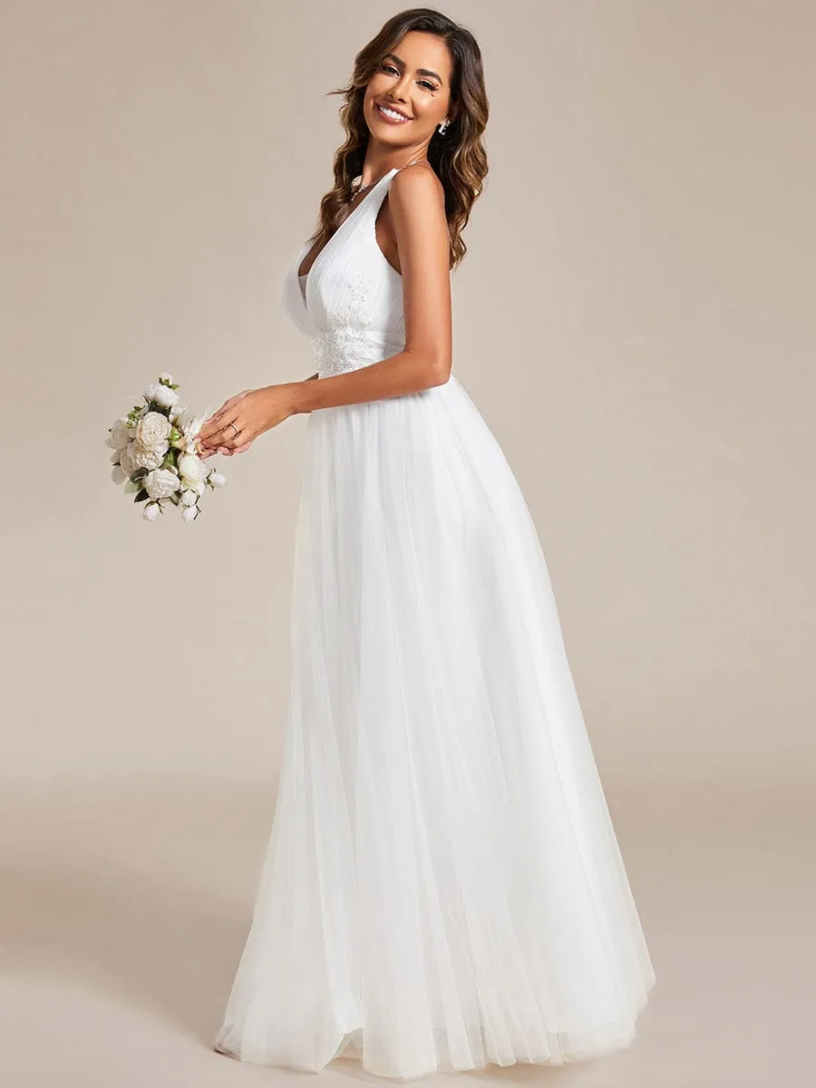 Sleeveless Waist Applique Cross-Back Straps Tulle Bridesmaid Dress