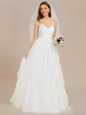 Sparkling V-Neck Spaghetti Straps Tiered Tulle Wedding Dress