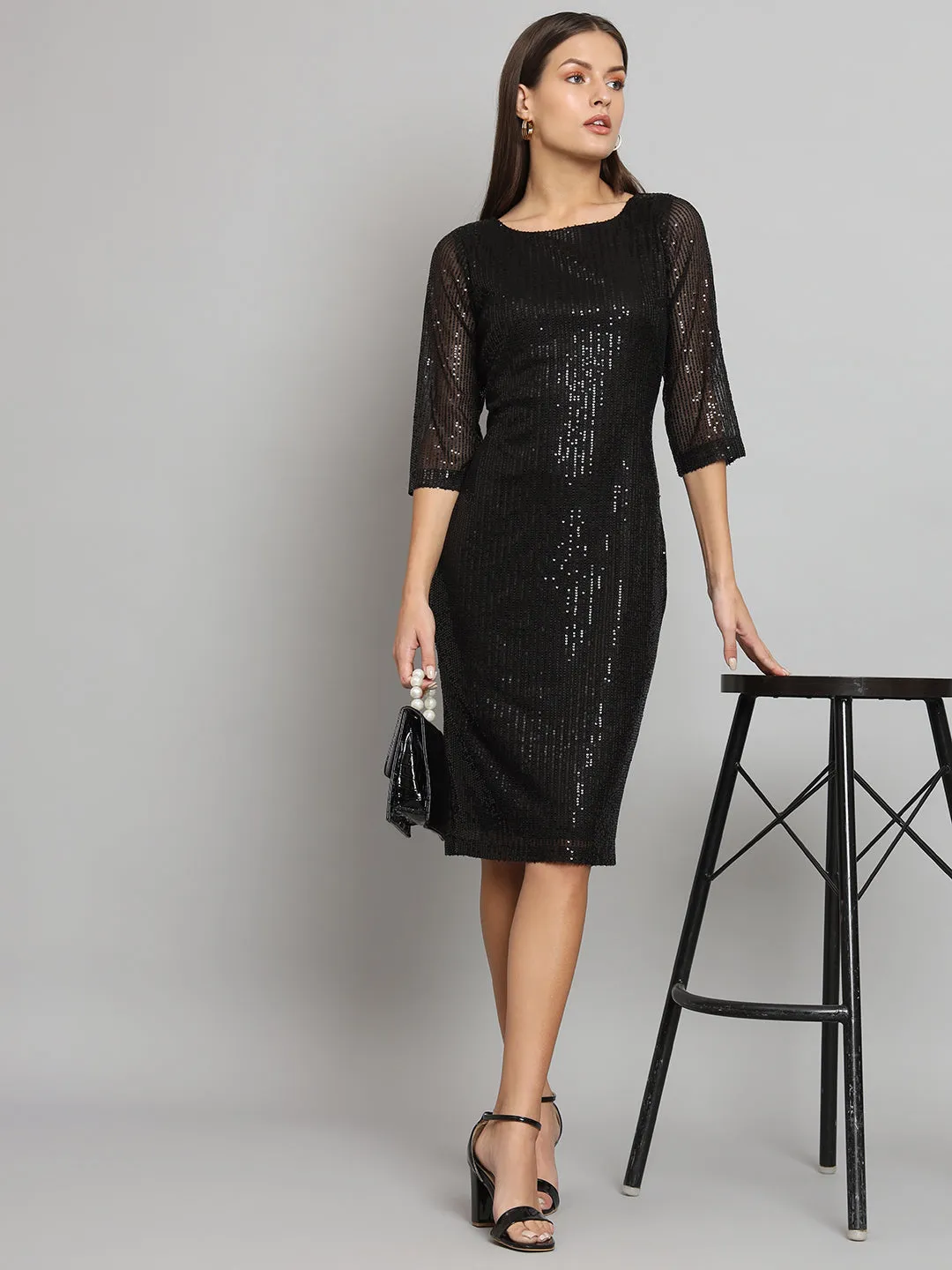 Stretch Sequins Party Dress- Black