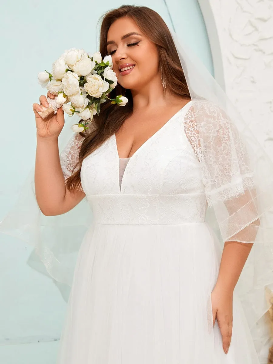 V-Neck Tulle Wedding Dresses with Lace Short Sleeves