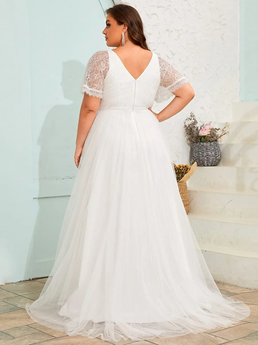 V-Neck Tulle Wedding Dresses with Lace Short Sleeves